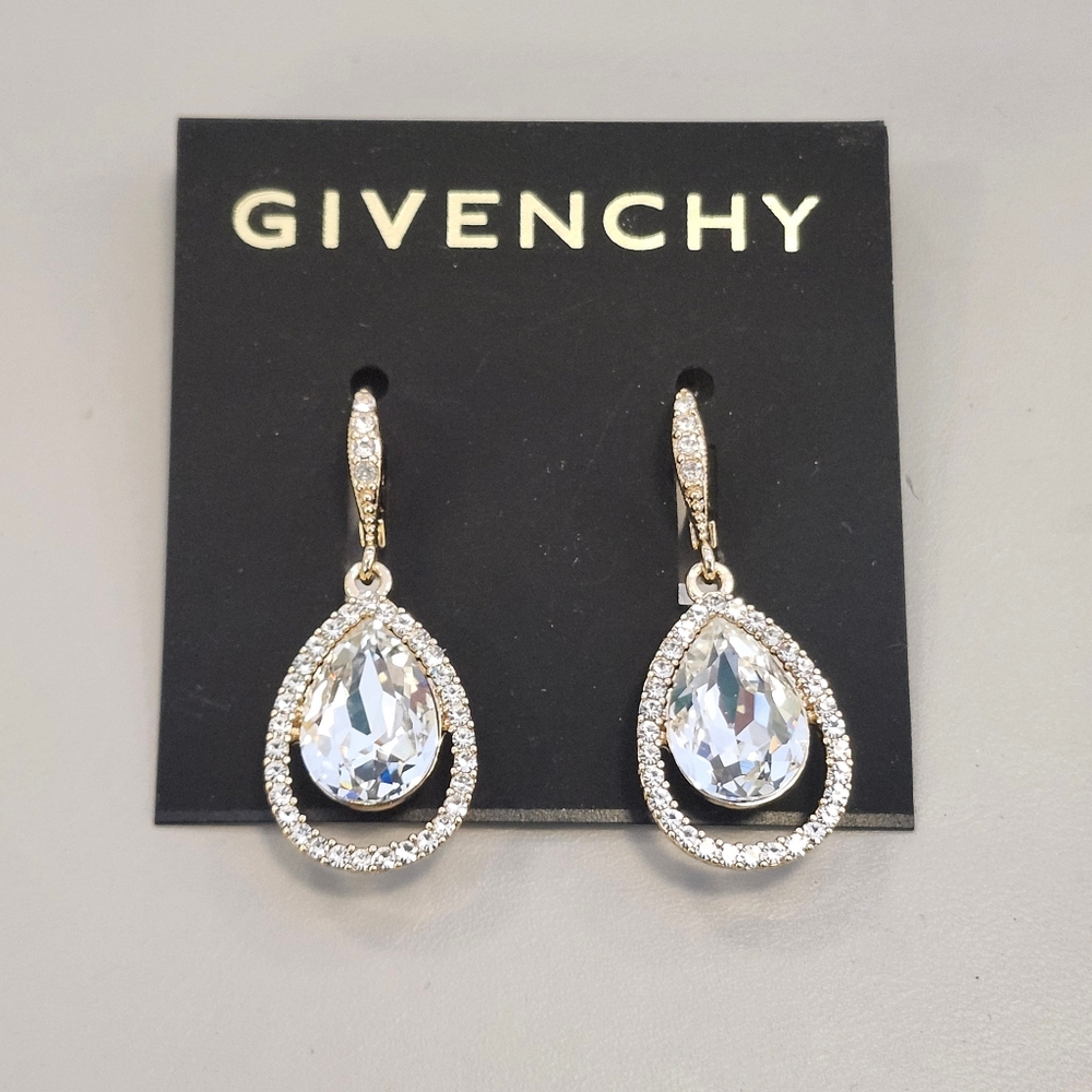 NWT Givenchy Gold-Tone Glass Stone Open Pave Pear Drop Earrings